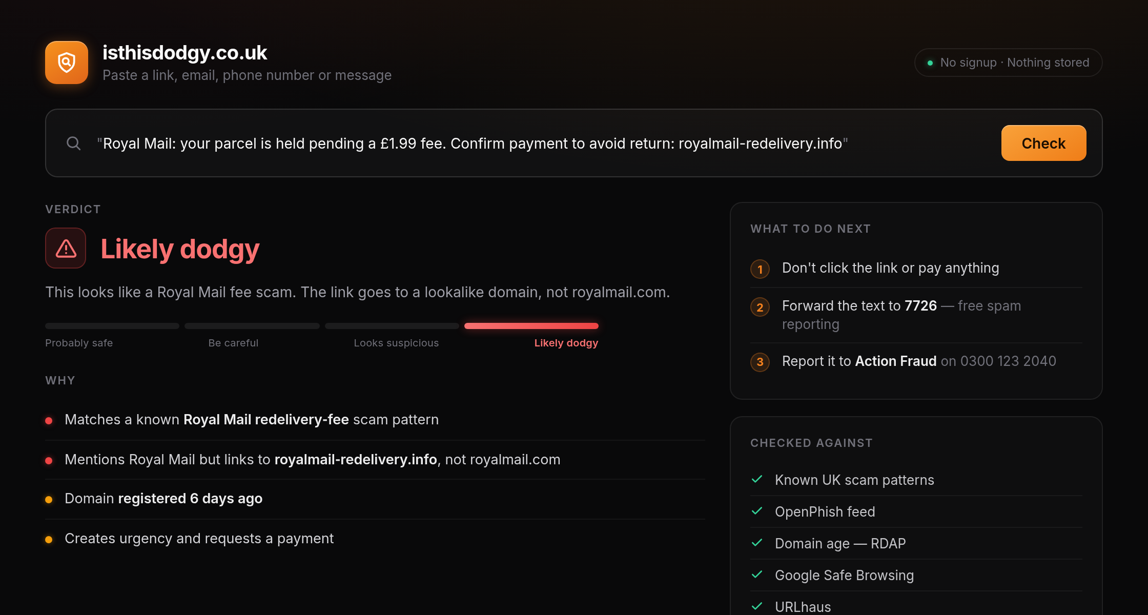 isthisdodgy.co.uk showing a pasted delivery-fee text returned as a likely dodgy verdict, with the reasons behind it and advice on what to do next